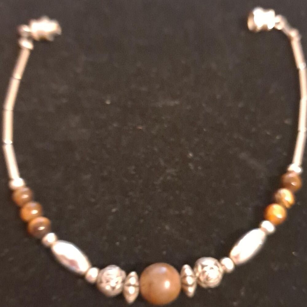 Vintage Silver and Brown Bead Bracelet 7" Cute Rose Beads